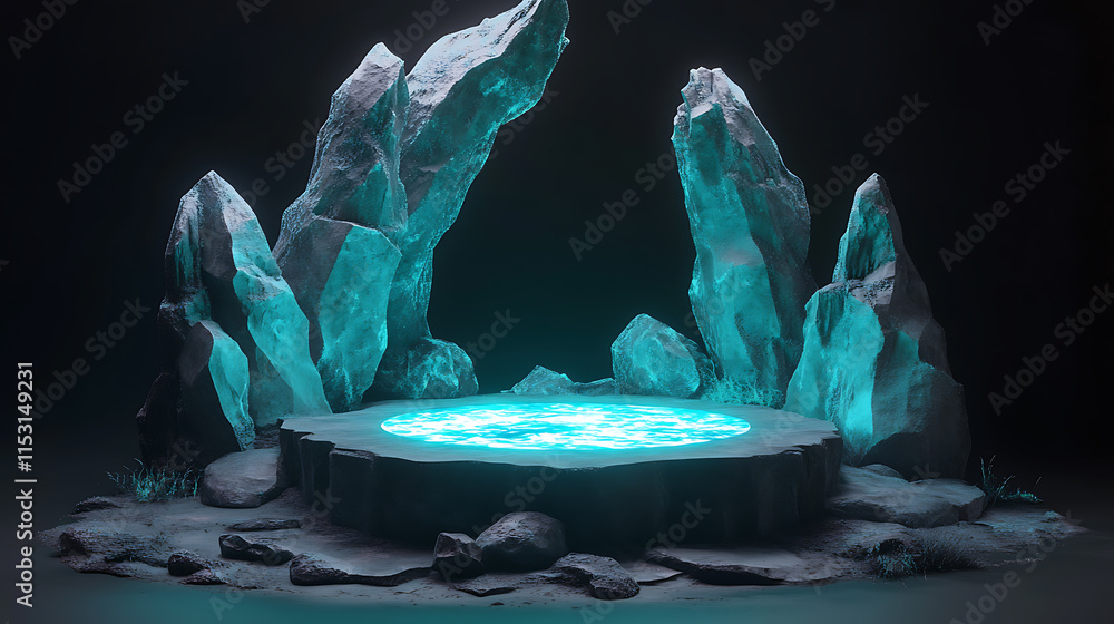 Poster dreamy abstract display of a mystical portal surrounded by rocks blank background enigmatic environm