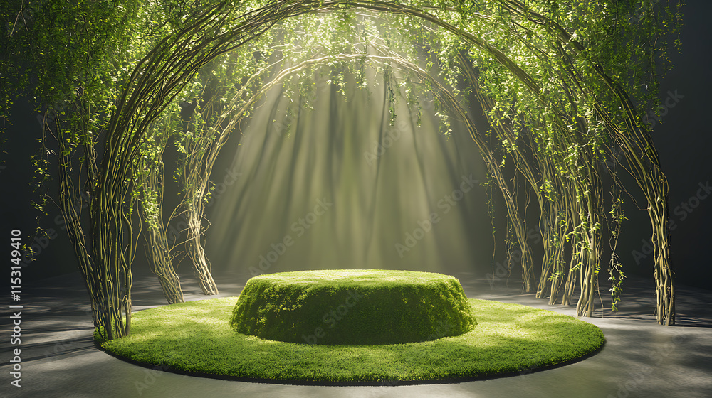 Poster dreamy abstract display of blank greenery in a nature background illuminated by soft light