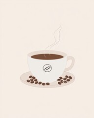 Obraz premium Aesthetic white coffee cup with steaming coffee and coffee beans on a soft beige background.