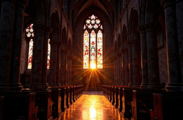 Obraz premium Sunlight streaming through stained glass in majestic cathedral interior