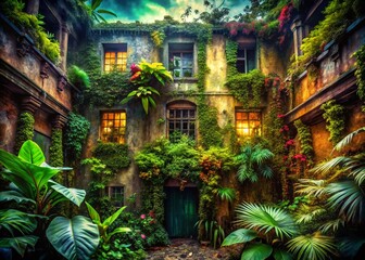 Fototapeta premium Grunge Ink Banner with Lush Greenery: Architectural Photography