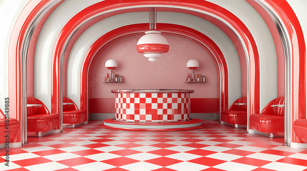Aufkleber dreamy abstract display of a retro diner interior with blank background in a vibrant red environment