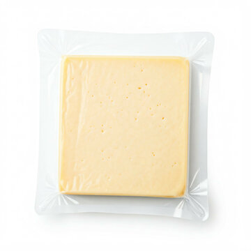 vacuum sealed block of yellow cheese isolated on white background