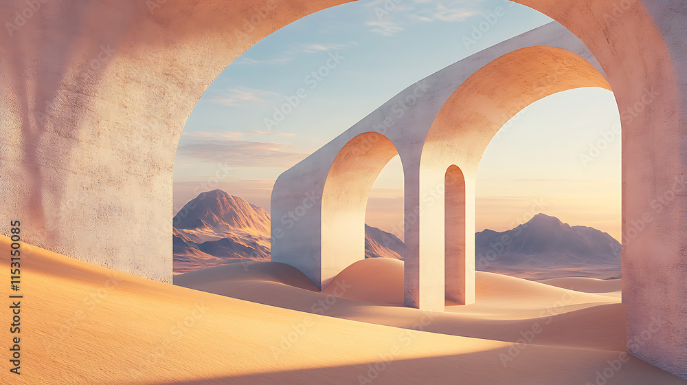 Poster dreamy abstract display of architectural arches in a background landscape captured in a serene envir