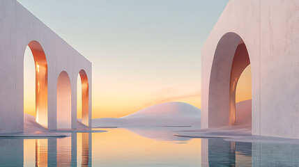Dreamy abstract display of minimalist architecture at sunset tranquil background with reflection