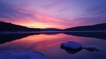 Obraz premium A serene sunset over a snowy lake, reflecting vibrant colors in calm waters.