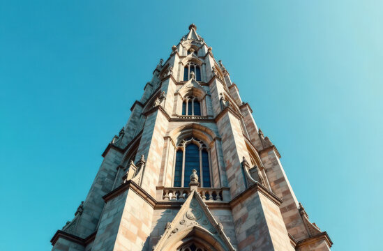 Majestic gothic cathedral spire against clear blue sky - Powered by Adobe