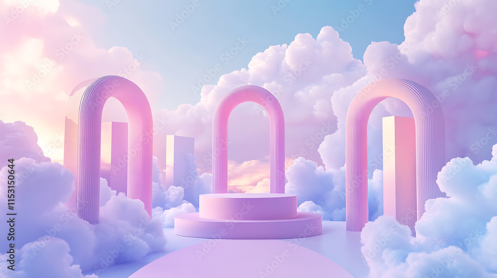 Poster dreamy abstract display of blank arches in a cloudy background surreal environment captivating viewp