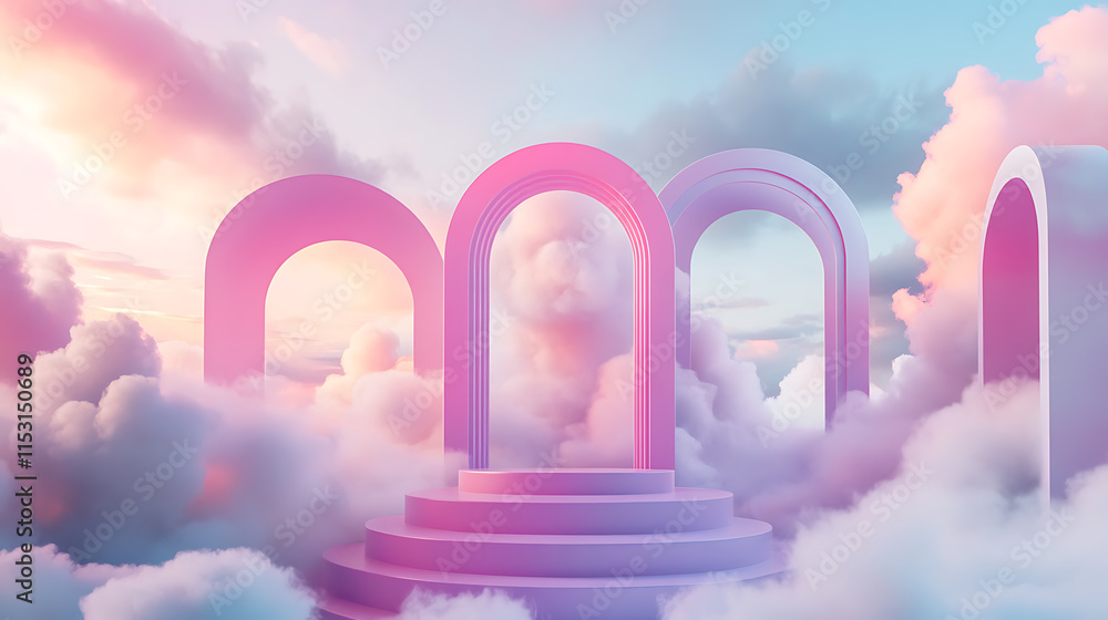 Poster dreamy abstract background display of pink arches in clouds enchanting environment surreal viewpoint