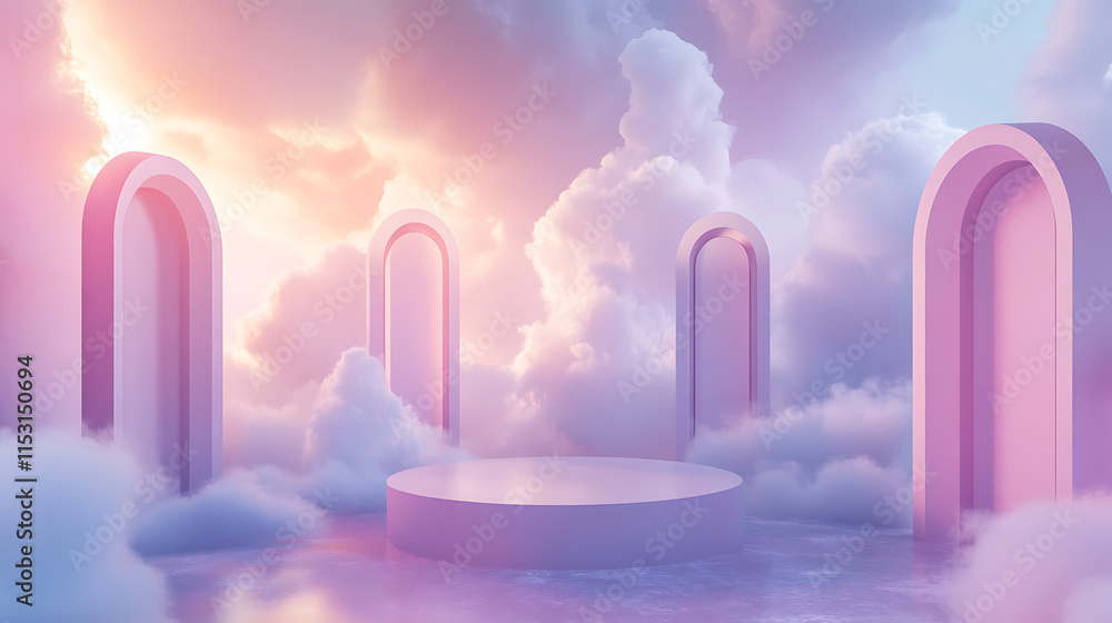 Poster dreamy abstract display on blank background with arched structures in ethereal cloud environment