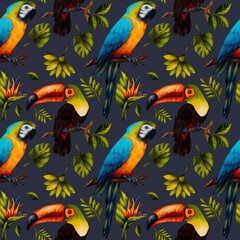 seamless pattern with birds parrot and toucan
