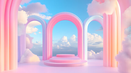 Dreamy abstract display background of colorful arches cloudy sky 3d environment serene viewpoint