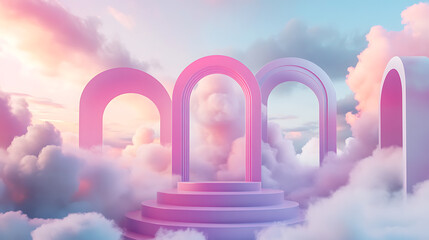 Dreamy abstract background display of pink arches in clouds enchanting environment surreal viewpoint