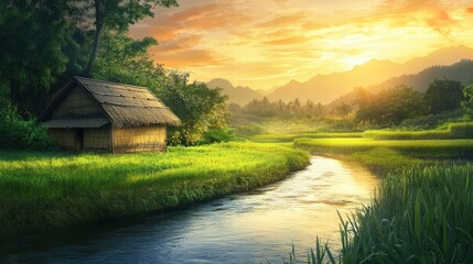 Obraz premium Serene Sunset Over Tranquil River Near Rustic Cottage in Nature