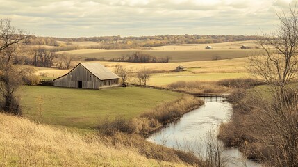 Rustic Barn Autumn Landscape River Scene