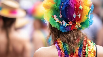 Naklejka premium Woman Wearing a Colorful Hat and Necklace at a Festival