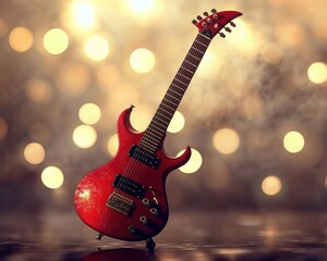 Fototapeta premium A vibrant red electric guitar stands against a sparkling bokeh background, embodying passion and creativity.