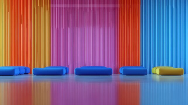 Vibrant Contemporary Lounge with Colorful Vertical Stripes and Cushioned Seating