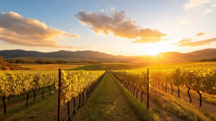 Obraz premium Breathtaking Vineyard Landscape at Sunset with Golden Hues Illuminating the Rows of Grapevines and Mountains in the Background