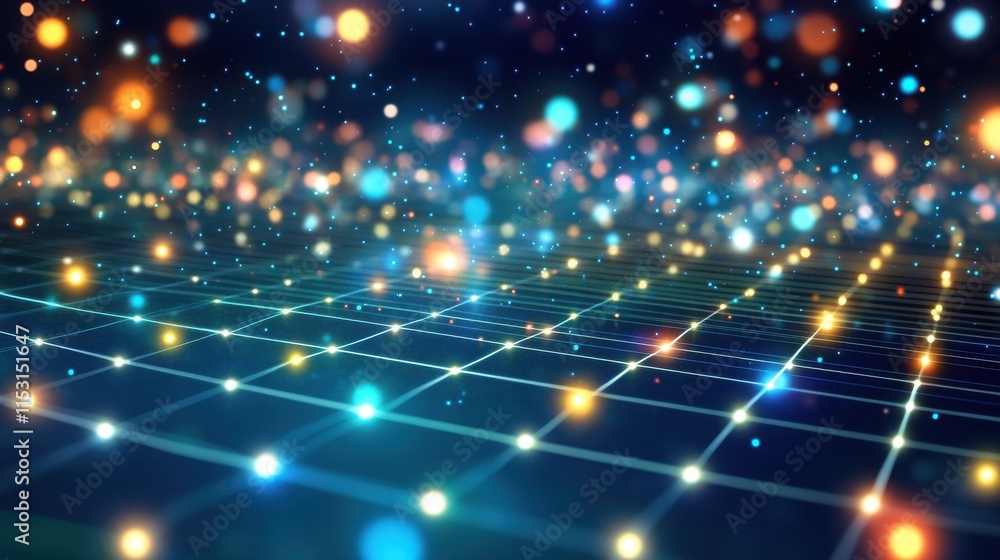 Poster a vibrant digital abstract background with glowing particles and a grid pattern, evoking a sense of 