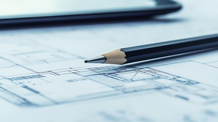 Close-up Photo: Pencil Precisely Sketches Architectural Design Plans. AI Generated