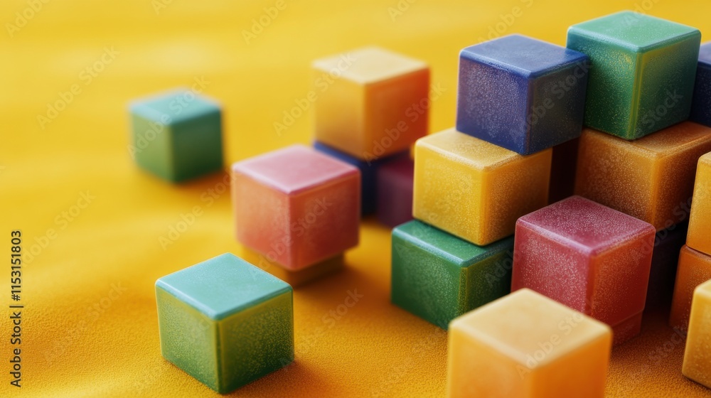 Poster colorful translucent blocks arranged playfully on a vibrant yellow background, creating a cheerful m