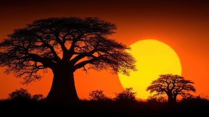Naklejka premium Majestic silhouettes of baobab trees against a vibrant sunset over a tranquil landscape