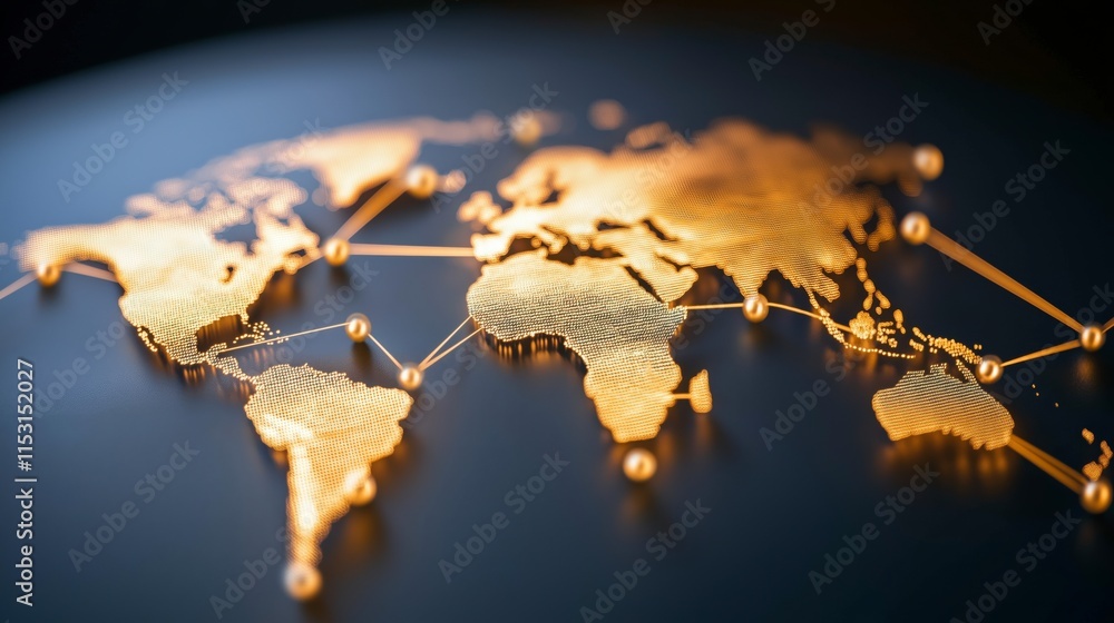 Poster Detailed Geographic Representation of a Golden World Map with Interconnected Nodes Illustrating Global Communication and Connectivity in a Modern Design
