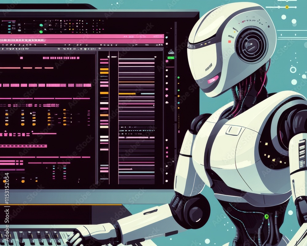 Poster a humanoid robot, with a sleek white design, interacts with a futuristic, glowing computer interface