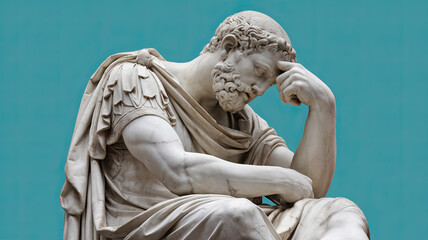Ancient Greek or Roman Statue of a Person in Thinking Pose, White Sculpture with Solid Turquoise Background, Classical Art Figure, Intellectual Reflection, Iconic Historical Artwork for SEO