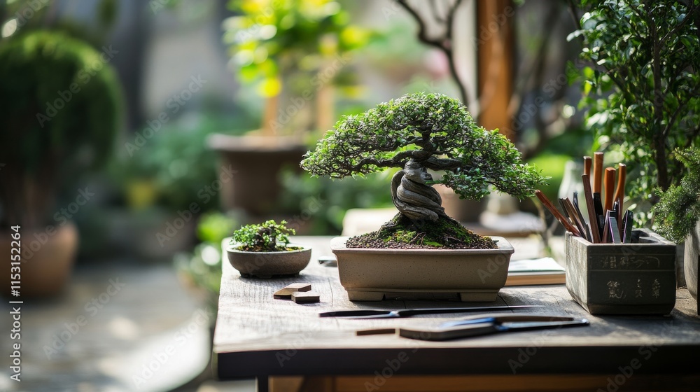 Poster a serene bonsai trimming station in a quiet courtyard, bonsai trees and tools neatly arranged on a t