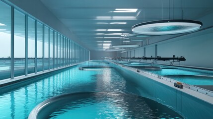 Modern Interior with Blue Swimming Pools and Large Windows