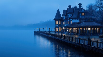 Serene Evening at a Lakeside Pavilion Surrounded by Mist and Calm Water Reflections