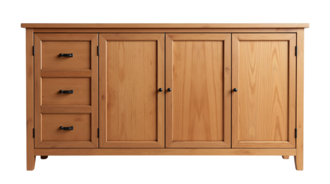 Wooden Cabinet with Drawers and Doors, Minimalistic Furniture Isolated on Transparent Background (PNG).