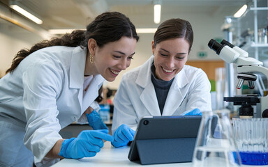 Obraz premium Two female scientists in white lab coats and blue gloves in a laboratory, one leaning over a table looking at a digital device with a joyful expression, while the other smiles, with lab equipment