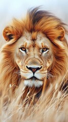Fototapeta premium A majestic lion gazes intensely amidst tall golden grass.