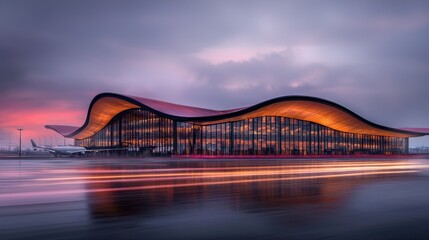 Modern Airport Terminal at Dusk Featuring Dramatic Architecture and Vibrant Lighting
