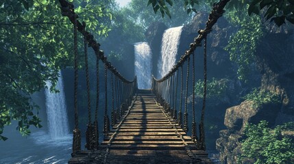 Fototapeta premium Serene Wooden Suspension Bridge Overlooking Majestic Waterfalls