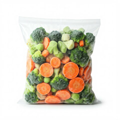 frozen mixed vegetables in plastic bag on white background