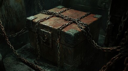 Rusty Treasure Chest Bound with Chains in Dark Environment