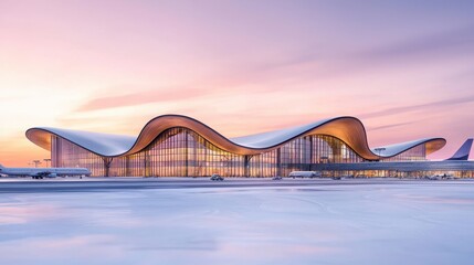 Obraz premium Modern Architecture of a Snow-Covered Airport at Sunset with a Beautiful Sky Displaying Colors