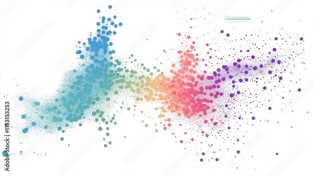 Poster a colorful data visualization featuring a vibrant gradient of dots in blue, pink, and purple, creati