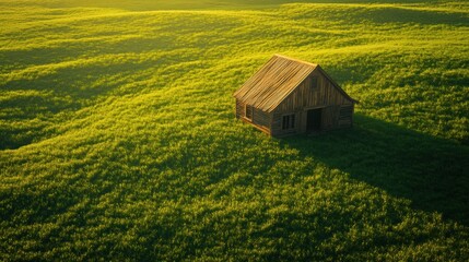 Rustic wooden house in vast green landscape under golden sunlight