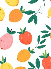 Playful vector design of a citrus fruit pattern, highlighting oranges, lemons, and limes in a lively arrangement.