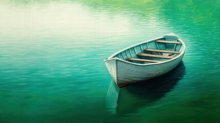 Serene Wooden Boat Floating Gently on Tranquil Green Water Surface