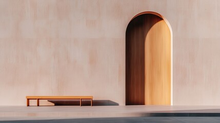 Minimalist Architectural Design with Wooden Arch and Bench in Soft Natural Light
