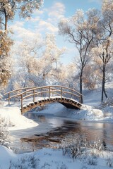 A snow-covered wooden bridge over a silent creek.