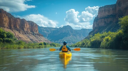 A person kayaking through a scenic river surrounded by mountains and clouds.