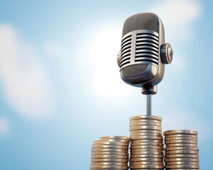 A vintage silver microphone stands atop a stack of coins against a bright, blue sky, symbolizing success and prosperity.