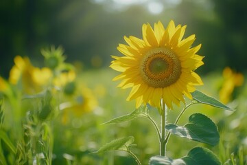 A vibrant sunflower stands tall in a field of golden blooms. Its petals shine brightly under the warm sunlight. Nature showcases beauty and resilience. Generative AI
